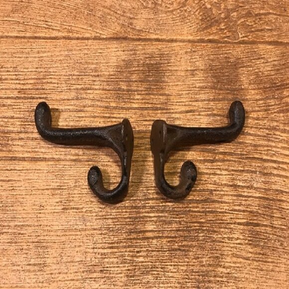 Two (2) Cast Iron Rustic Brown 2 3/4" tall Double Wall Hooks Two (2) 0170-01202 - Picture 3 of 15